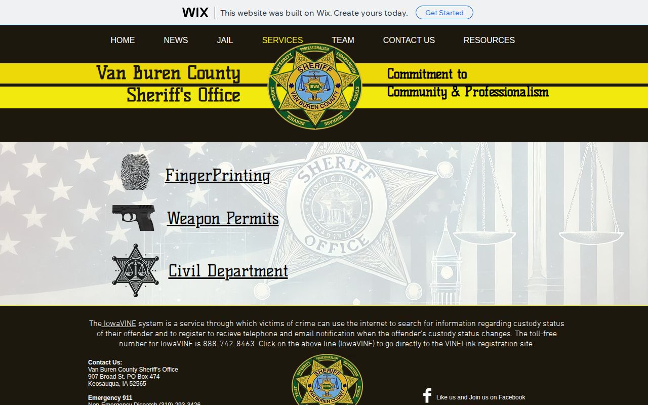 Van Buren County sheriff services page without a public warrant search