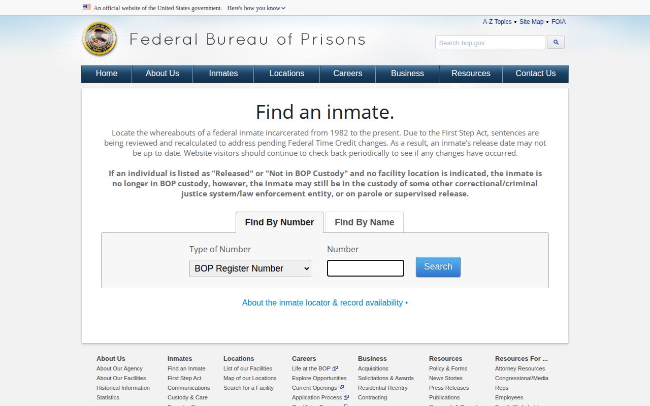 Federal Bureau of Prisons custody locator for a Van Buren County federal check
